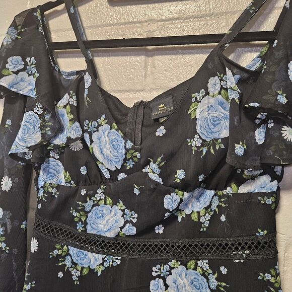 Disney Princess Dress Cold Shoulder Black Blue Floral Size L - Picture 2 of 12
